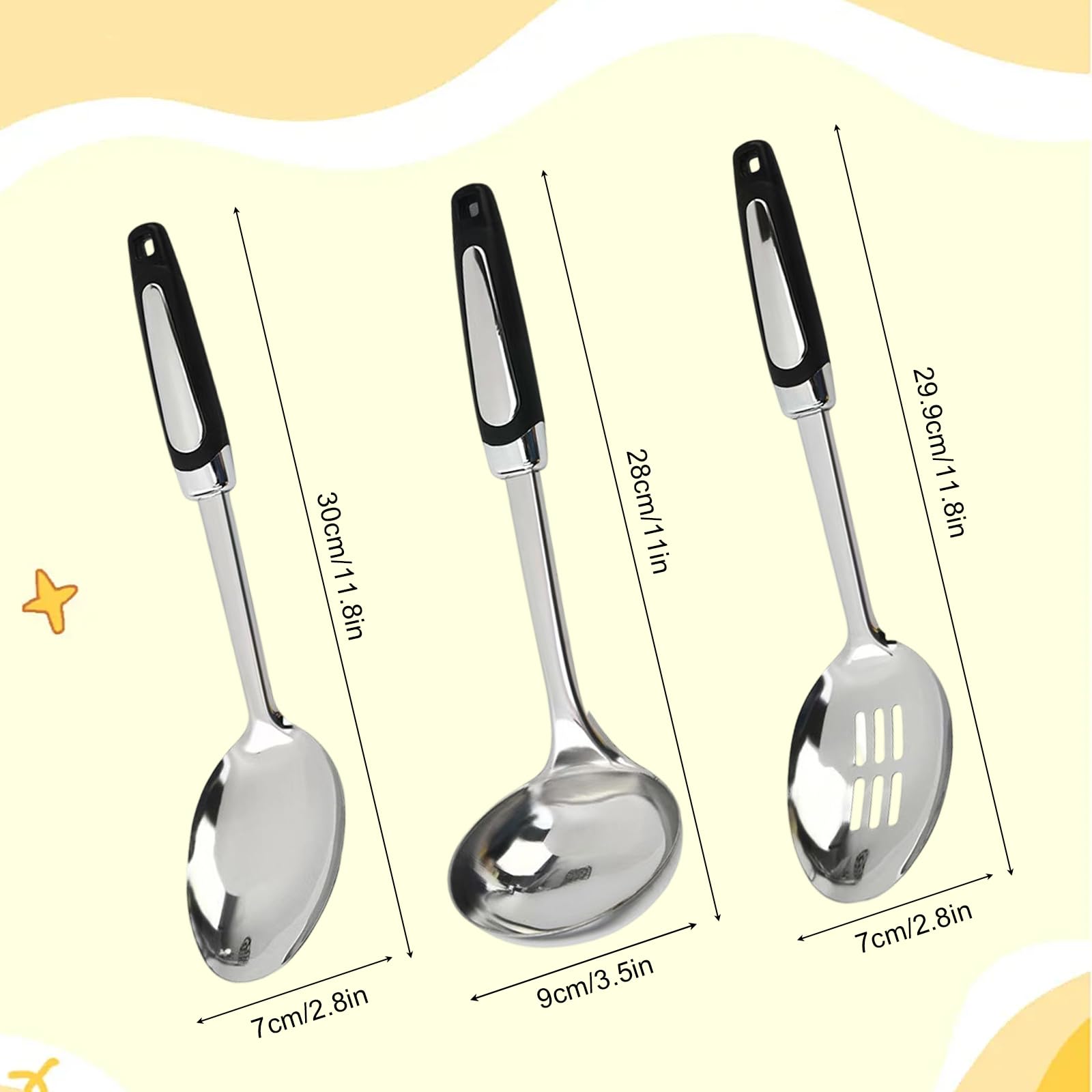 Set di 3 Cucchiai da Cucina in Acciaio Inox, Utensili da Cucina con Manico Ergonomico, Include Mestolo, Cucchiaio Solido e Schiumarola per Cottura e Servizio, Casa e Ristorante