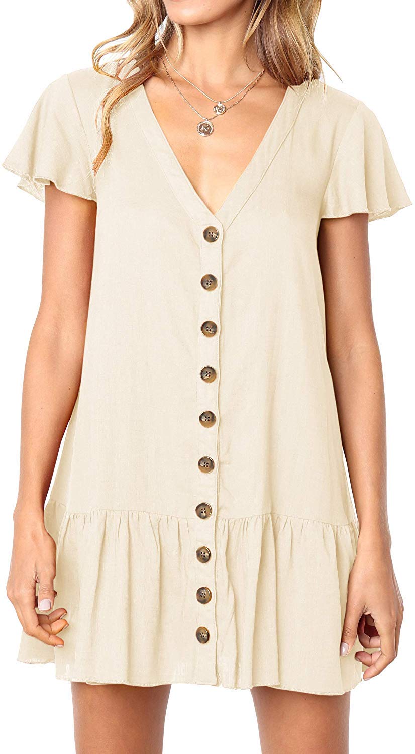 Imysty Womens Summer Polka Dot V Neck Button Down Loose Mini Dress