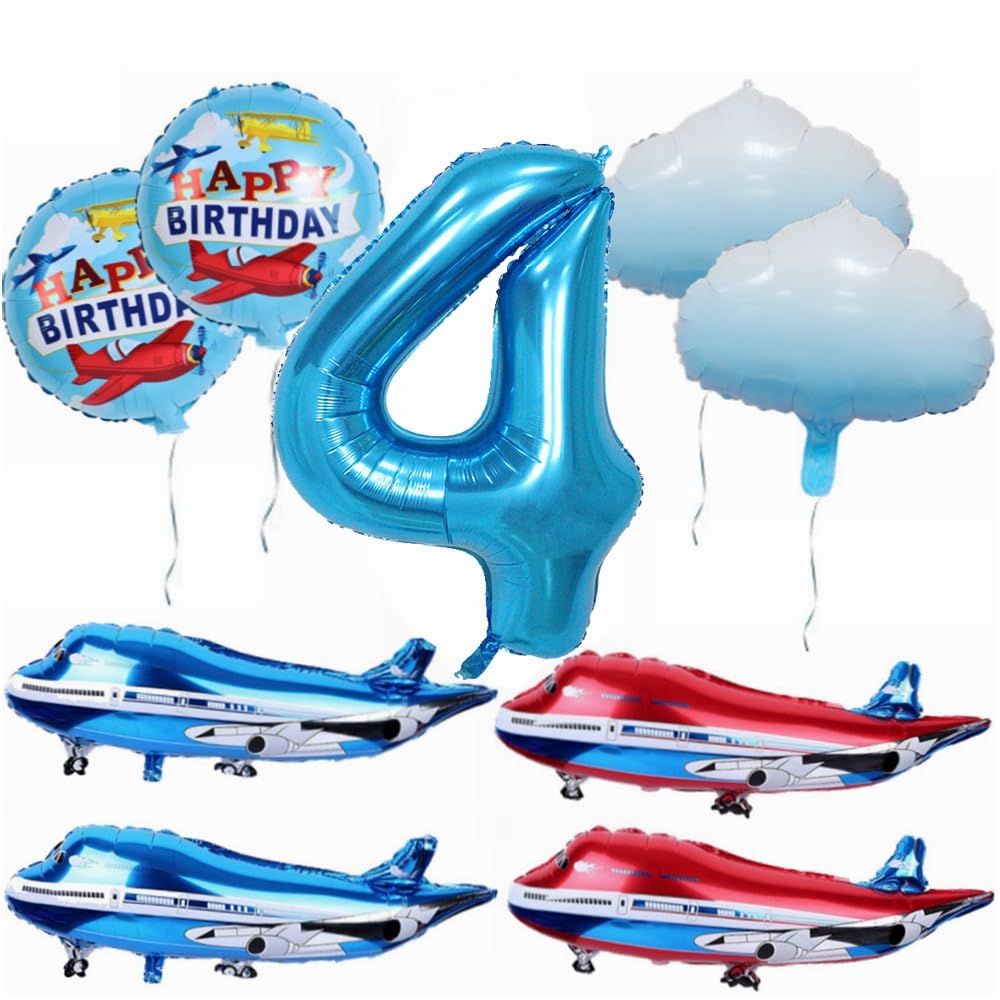 Yunchu Online 4th Airplane Birthday Decoration Large Blue Red Airplane Balloon Airplane Birthday Balloon Airplane Cloud Foil Balloons Airplane Birthday Party Set for 4th Birthday Boy Girl, YUN-365