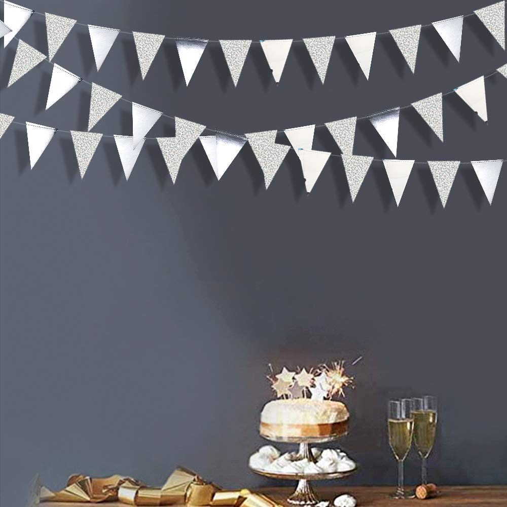 Festiko®12 Flags Silver Party Decorations Glitter Metallic Paper Triangle Banner Flag Garland Pennant Bunting for Wedding Engagement Graduation Anniversary Bachelorette Birthday Party Supplies 1
