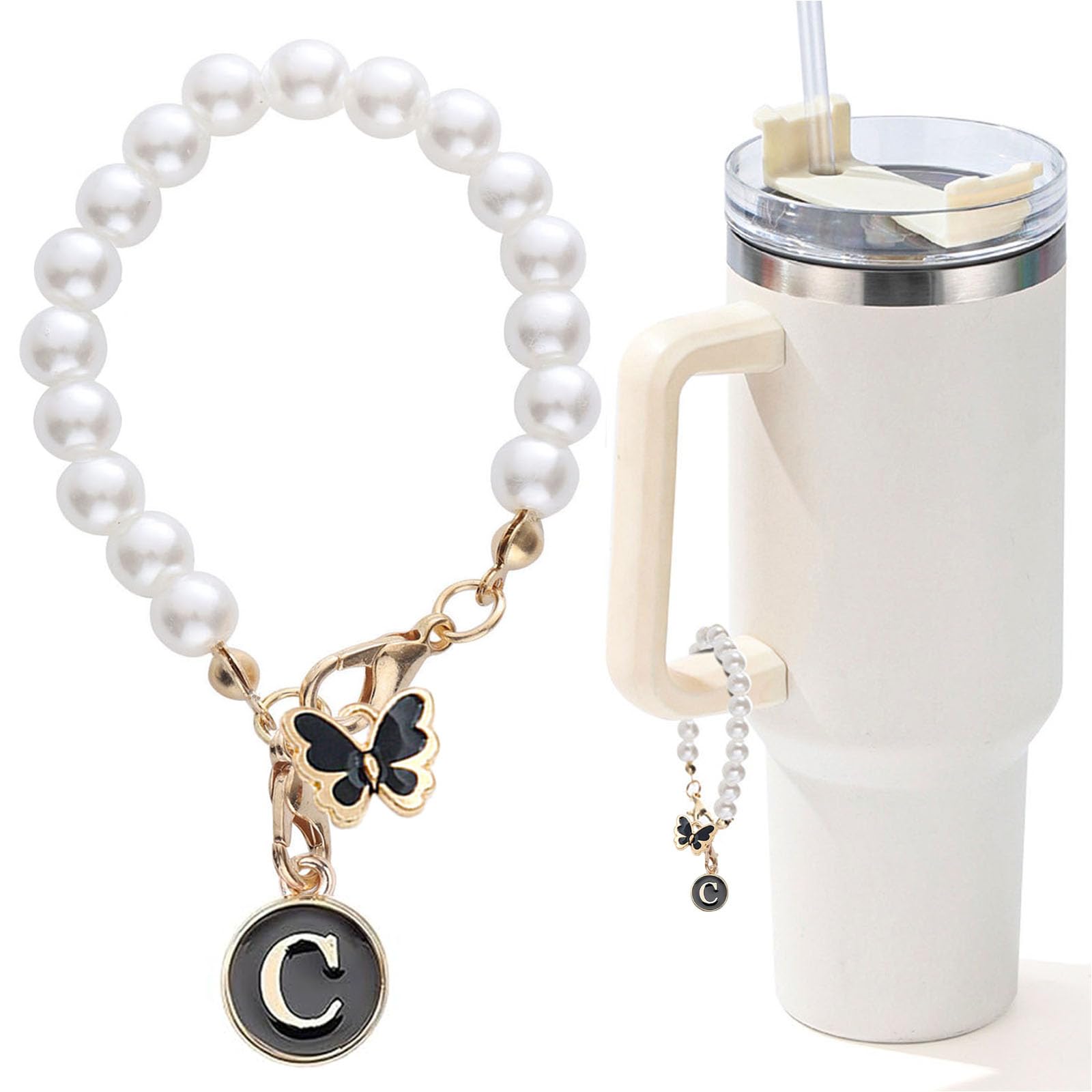 Letter Charm for Stanley Cup，Pearl Chain Accessories Stanley Cup Initial Charms for Handle Stuff Decor Water Bottle Jewelry Tumbler Cute Personalized Name ID Decorations Black Tag (C)