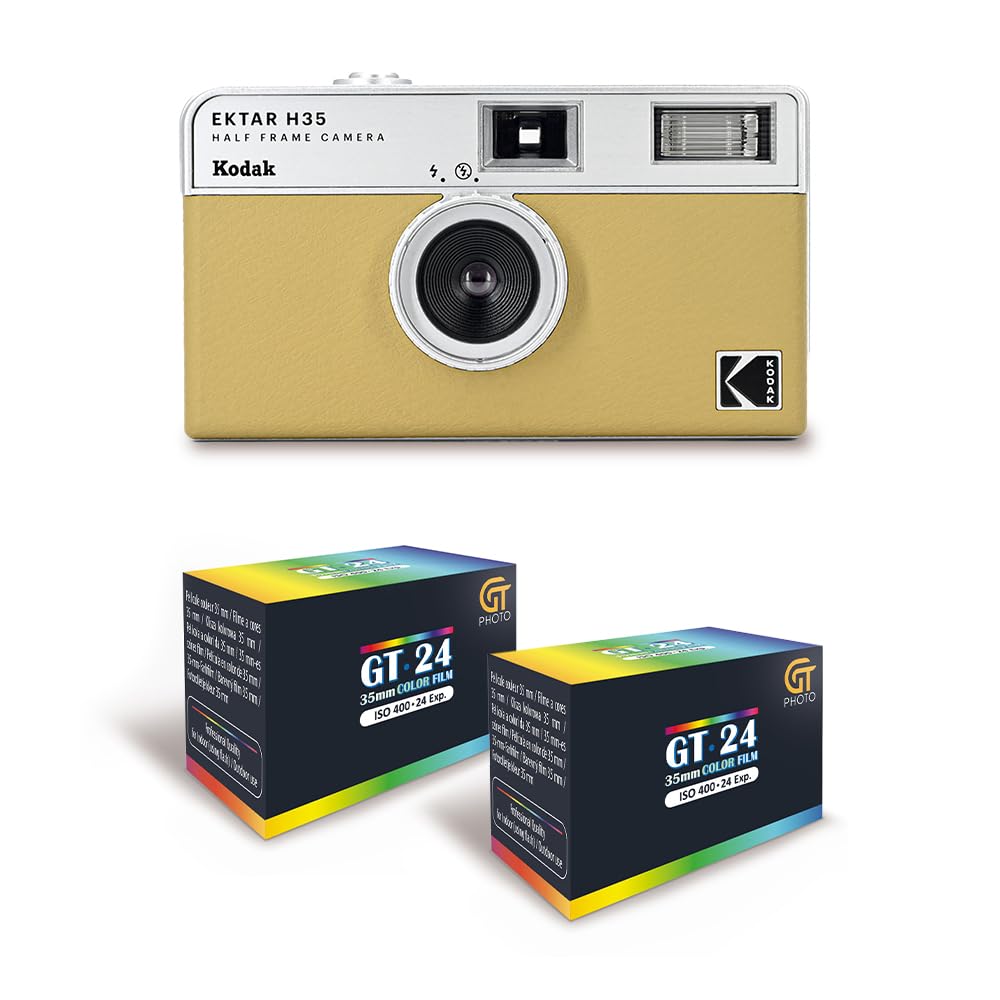 KODAK EKTAR H35 - Caméra Vidéo Demi-Format 35mm Réutilisable, sans Mise au Point, Légère, Facile à Utiliser - Sable + 2 Pellicules 35mm Couleur 24 Expositions