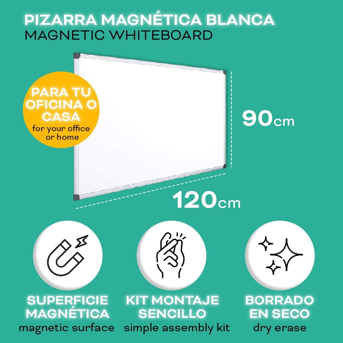Pizarra Magnética Blanca, Pizarra Marco de Aluminio, Superficie Lisa Fácil de Borrar, Pizarra para Tomar Notas, Dibujar, Enseñar u Organizar, Herramienta para Oficina y Escuela - Ofituria (120x90)