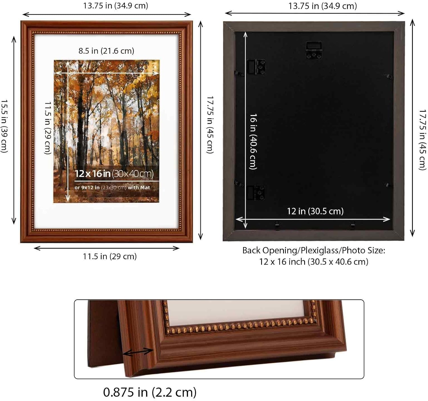 12x16 in Wood Classic Gallery Poster Picture Frame, Gold Ornate Beaded Inner, Matted for 9x12 Photo, Multiple Way Display, Brushed Brown Brass