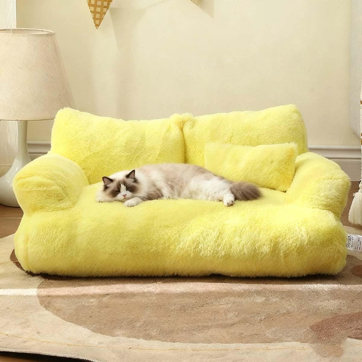 Mozzeilee Cat Bed Small Dog Sofa Fluffy Velvet Cat Beds, Indoor Kitten&Puppy Calming Cushion, Supportive Pet Sofa with Non-Slip Base, Removable Cover (55x38x18cm,Yellow)