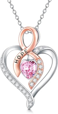 AOBOCO Pink Ribbon Necklace Sterling Silver Breast Cancer Awareness Heart Women Pendant Necklace for Hope and Support, Breast Cancer Survivor Gifts for Women