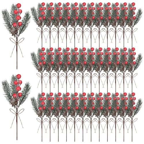 40 Pcs Red Berries Pine Cones for Crafts Evergreen Artificial