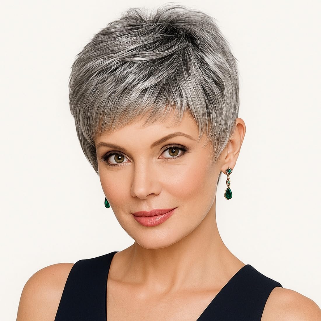 Photo 1 of FHATSJ Elegant Silver Gray Short Wig, Suitable for Mature Women's Exquisite Short Hair style, Heat-resistant Natural Wig