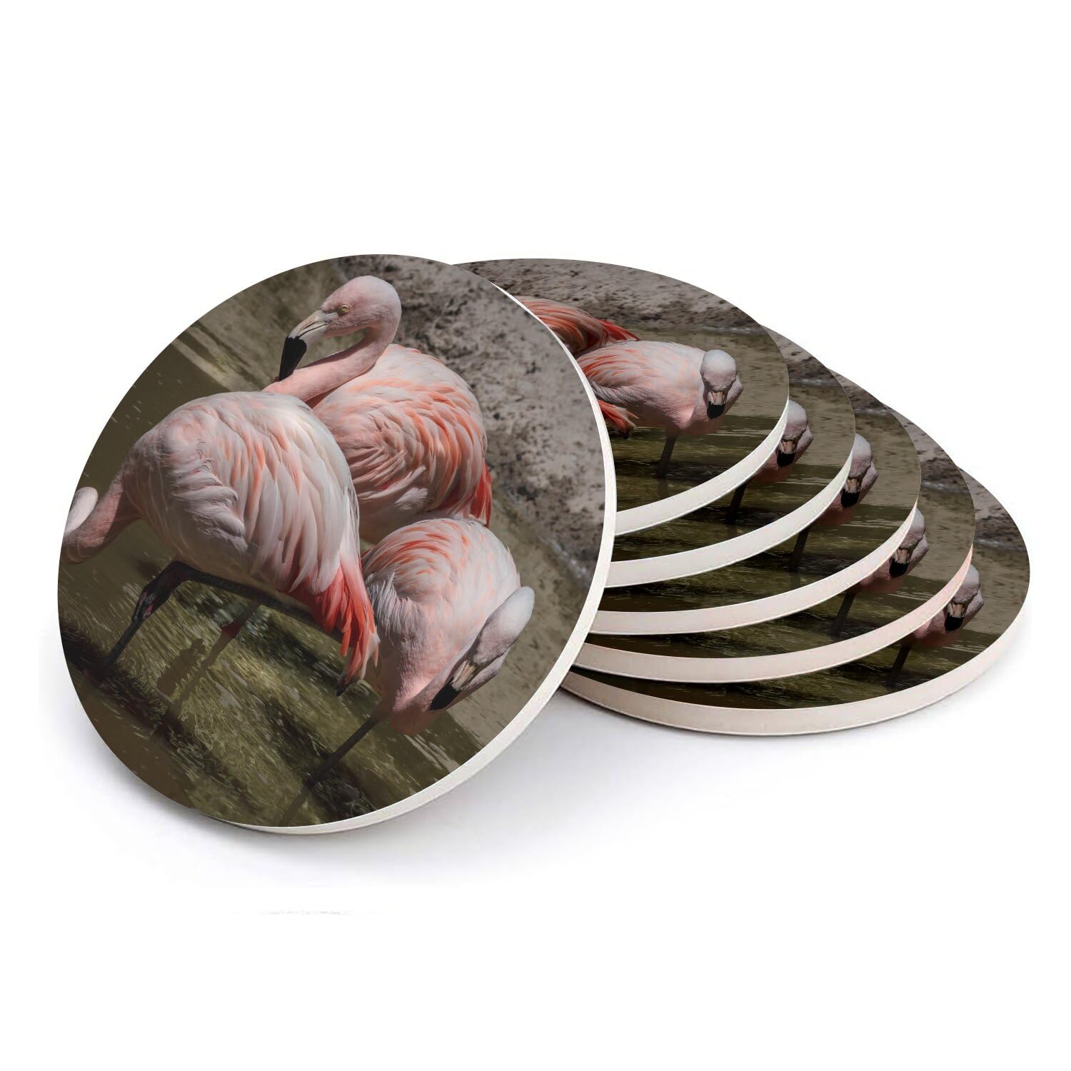 Sous-verre ronds en céramique lot de 6 avec flamants roses 11cm