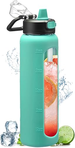 Miniatura 1 de BLUEGO Botella de agua de vidrio de 32 onzas con pajilla, botellas de agua motivacionales con marcador de tiempo y funda de silicona, botella de