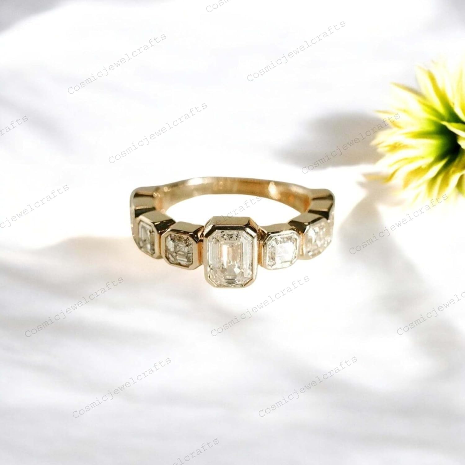 Vintage Emerald Cut Moissanite Wedding Band 14k Yellow Gold Bezel Set Five Stone Anniversary Ring Art Deco Stacking Jewelry Gift for Her