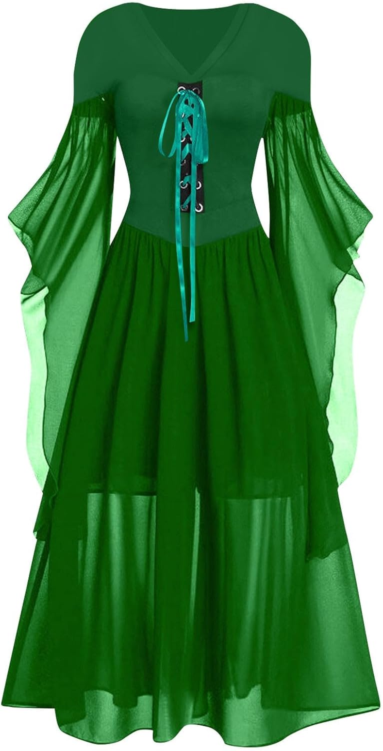 Renaissance Fairy Dress Women Princess Halloween Costumes V Neck Medieval Dress Lace Trumpet Sleeve Dress Goth Dress Green