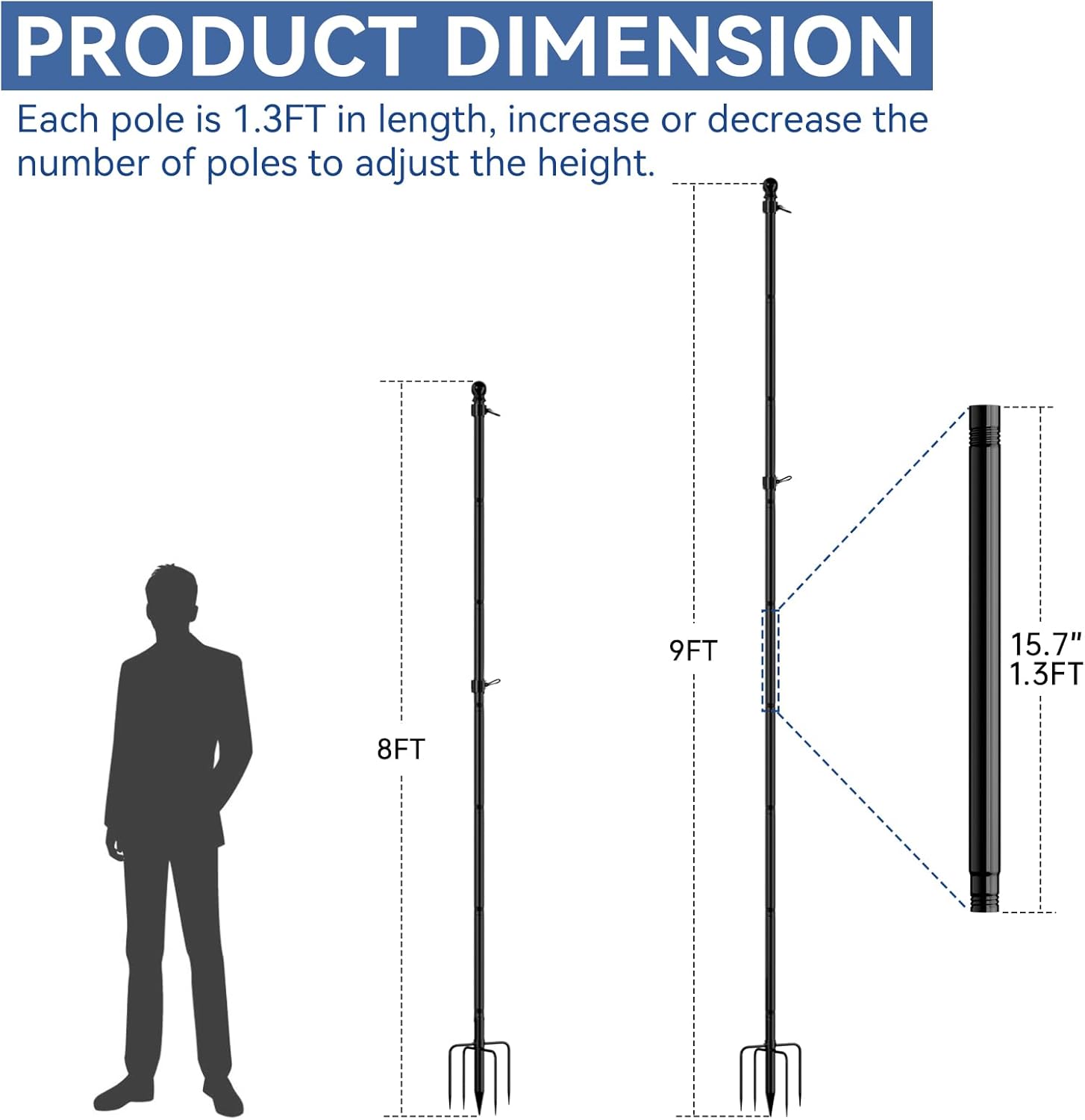 9 FT Tangle Free Flag Pole in Ground, Thickened Stainless Steel with 5 Prongs Base, Heavy Duty Flag Pole Holder, Flagpole Kit for Residential or Commercial (1 Pack, Black, Without Flag)