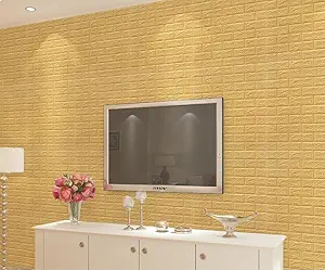 GLUN 3D Beige Color Brick Wallpaper Self Adhesive for Wall PE Foam Wall Stickers DIY Wall Decor (70 x 77cm, Appx. 5.8Sq Feet) Pack of 1