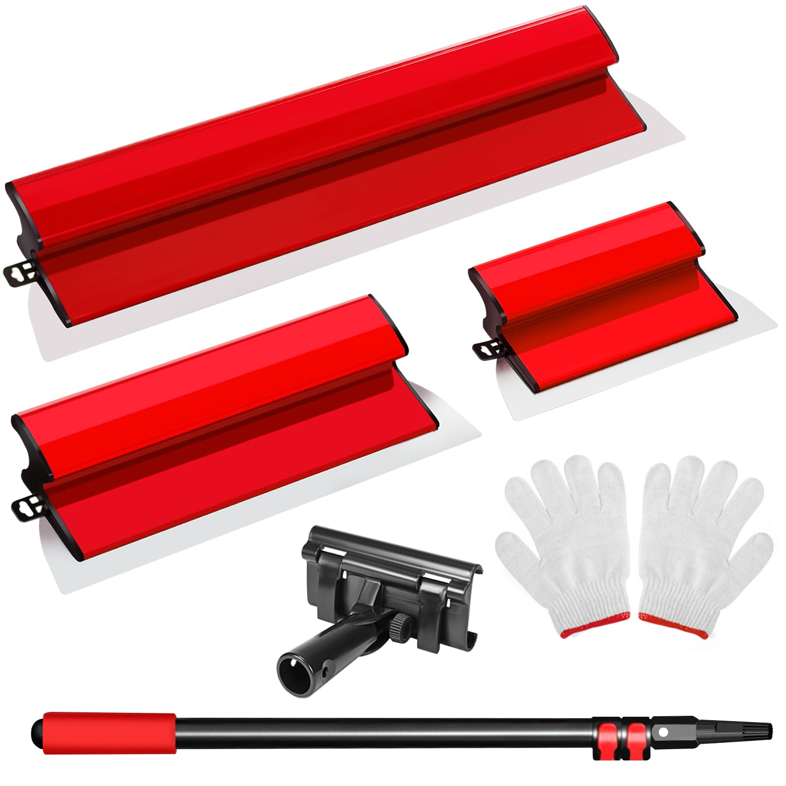 Juego de espátulas de superficie (25 cm, 40 cm, 60 cm), poste telescópico de 76 cm a 160 cm, herramienta profesional para alisar paredes y techos, rojo | Juego de espátulas profesionales
