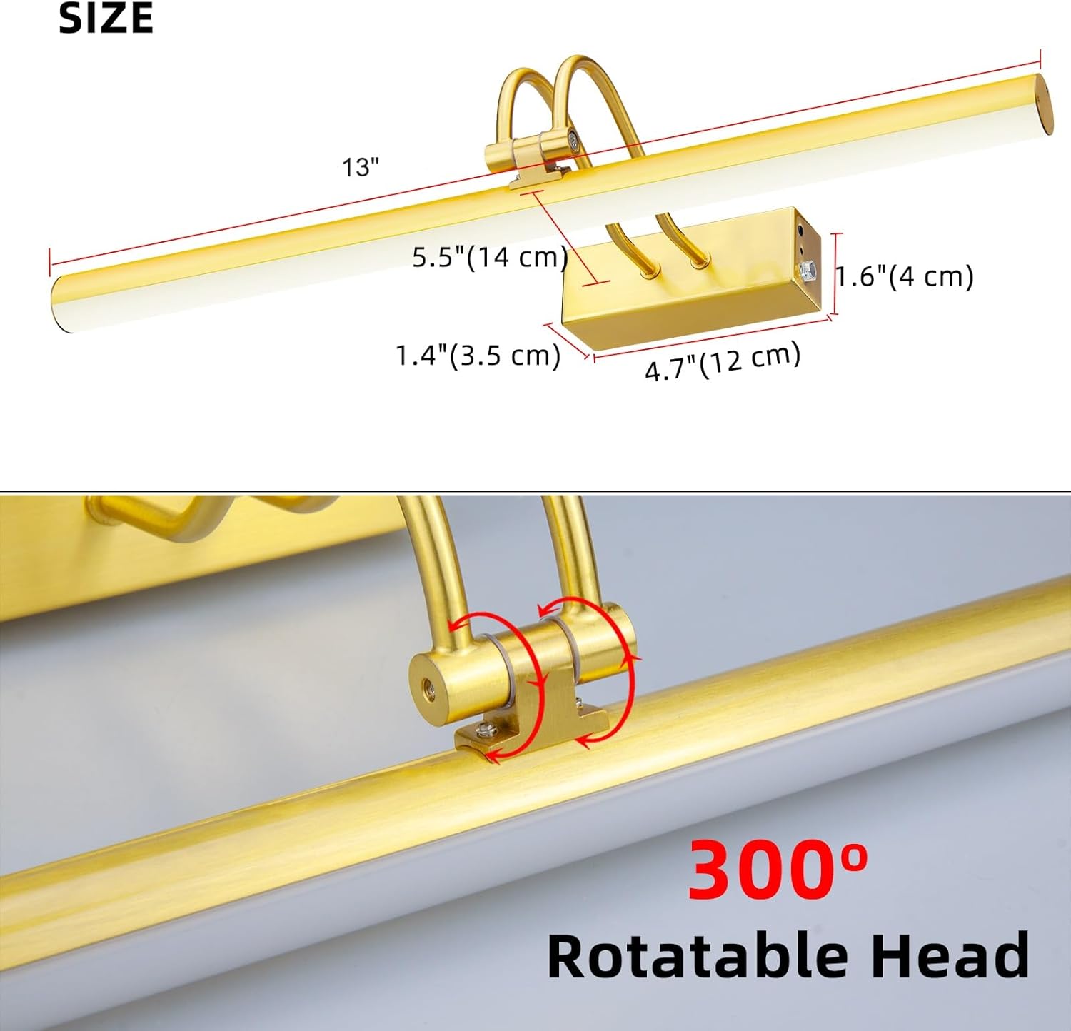 Picture Light, Picture Lights for Wall Cordless, 13inch Picture Lights with Timer and Dimmable, 5000mAh Battery Wall Lights for Display Gallery Painting Art Frame Portrait - Plated Gold, Metal
