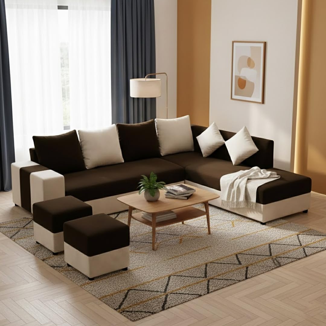 Zuri 8 Seater RHS L Shape Sofa Set | Velvet Suede Fabric L Shape Sofa for Livingroom with 2 Ottoman & Centre Table (Dark Brown-Cream)
