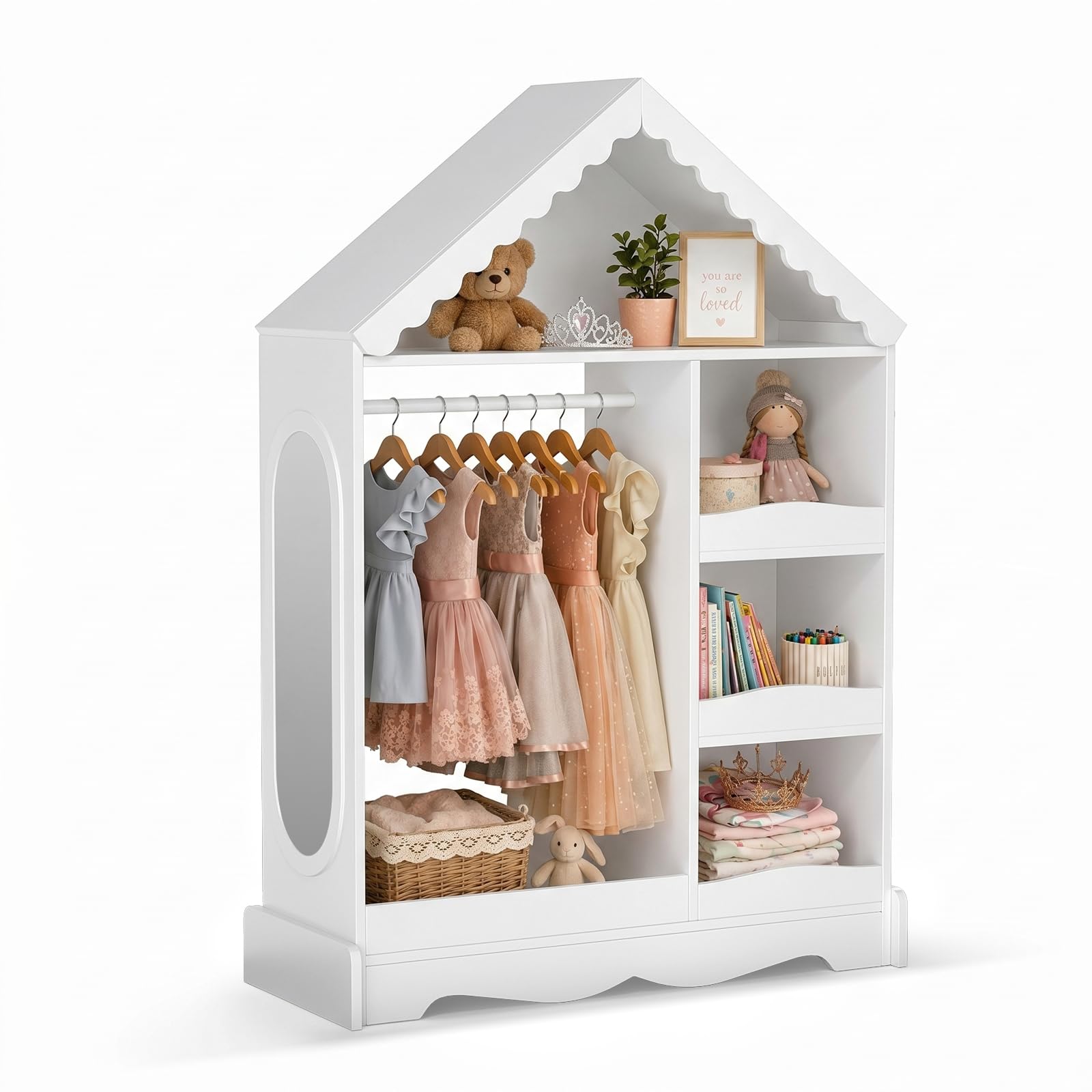 VOWNER Armario Infantil con Espejo, Armario de Ropa con Tejado, Perchero Infantil, Guardarropa Infantil, Mueble Montessori (Blanco)
