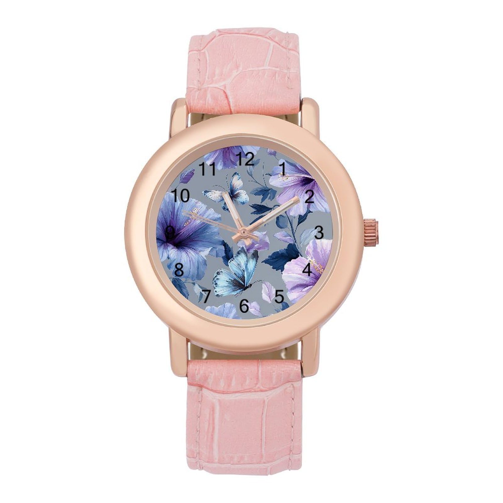 Schmetterlinge und Hibiskusblüten Damen leicht ablesbare Uhren Flexible Dreizeiger Rundes Gehäuse Quarzuhr für kleine Handgelenke