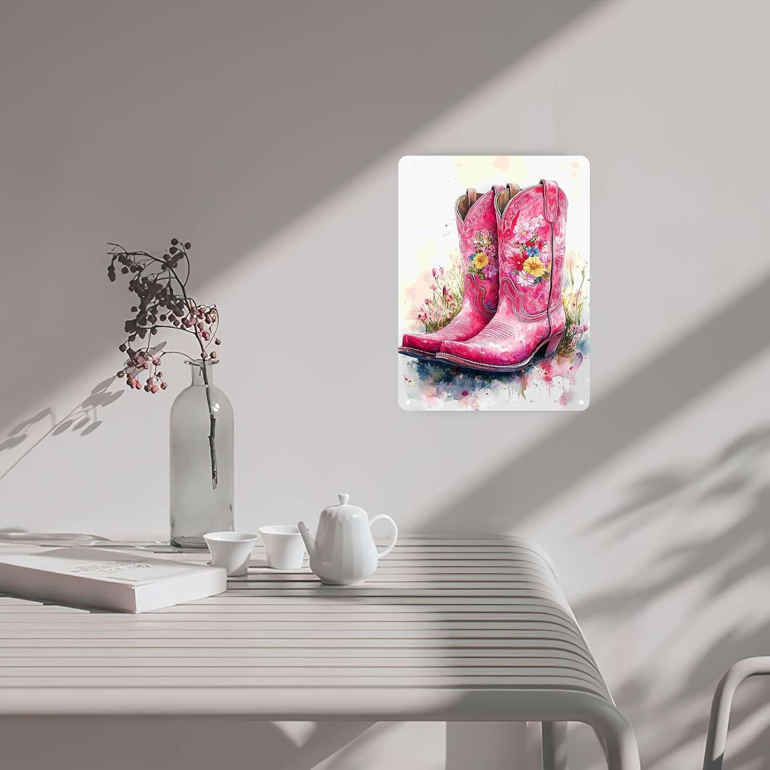 Aluminum Retro Tin Sign Pink Cowboy Boots Vintage Funny Cowboy Boots Iron Painting For Living Room Bed Room Office12.00"x16.00"