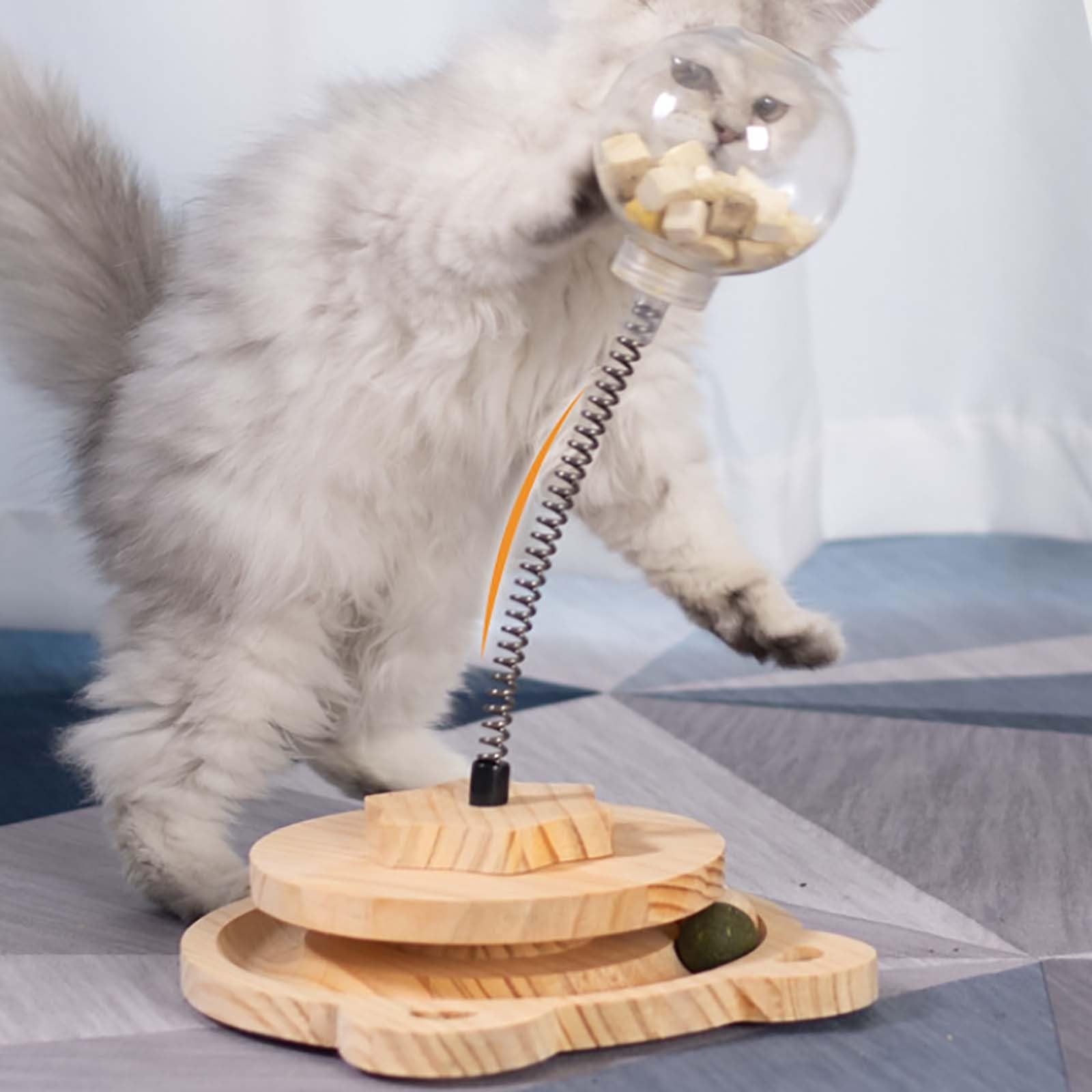 Katzen-Leckerli-Spender, Katzenball mit Leckerli-Ball, Katzen-Leckerli-Spender mit Rollbahnball, interaktives Katzenspielzeug aus Holz, mit automatischem langsamem Futterball, Kätzchen,