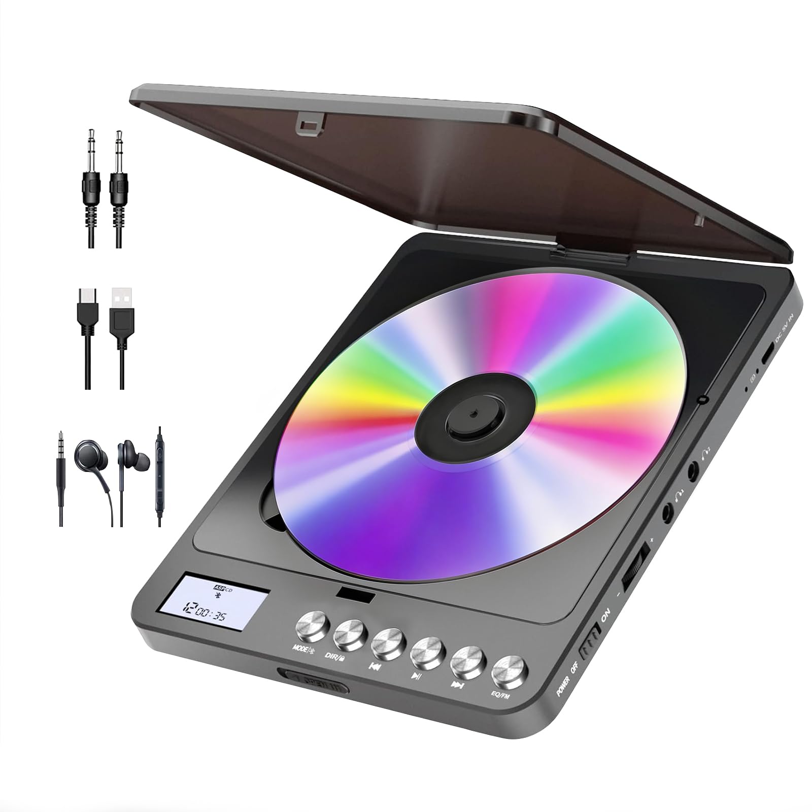 Lettore CD Portatile Bluetooth con Altoparlanti, 2000mAh Personale Lettore CD Shockproof del Trasmettitore FM, Doppia Presa per Cuffie da 3,5 mm per Auto/Viaggio/Casa