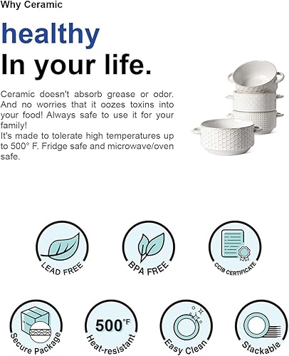 Miniatura 6 de LE TAUCI Tazones de sopa con asas, platos de sopa de cebolla francesa de 20 onzas, apilables, aptos para horno para chile, estofado de res, juego de