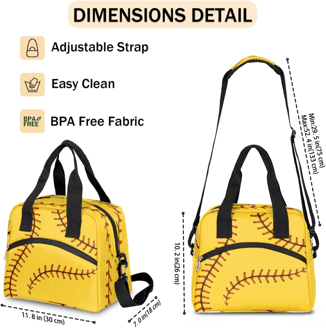 Insulated Lunch Bag for Women Men Yellow Orange Softball Sport Baseball Lunch Box Reusable Lunch Cooler Bag Large Lunch Tote Bag for Work Picnic Travel School