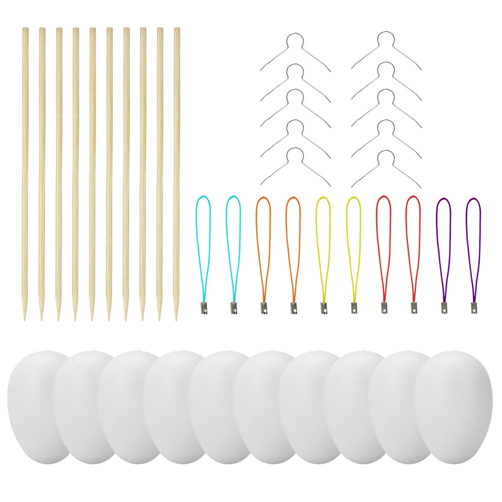 25 Deko-Eier Ostern [6 cm, Kunststoff] + 25 Aufhänger für Ostereier + 10 Schaschlik-Spieße fürs Marmorierenzum oder malen, Osterdekoration