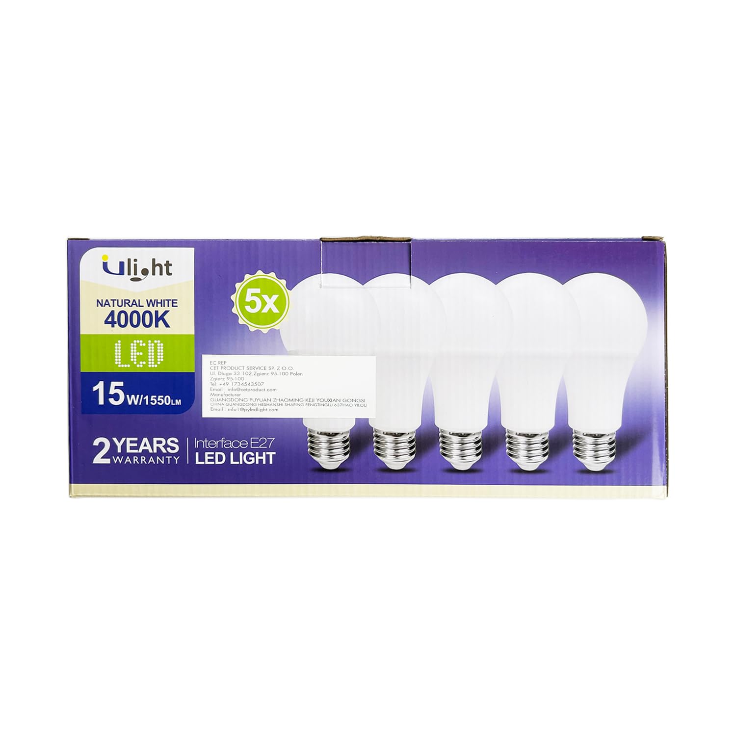 ULIGHT Lampadina LED A65 a Goccia da 15W, Equivalente Incandescente da 120W, Luce Bianca Naturale 4000K, 1550lm, Fascio Luce 170°, 220-240V Attacco E27, Confezione da 5