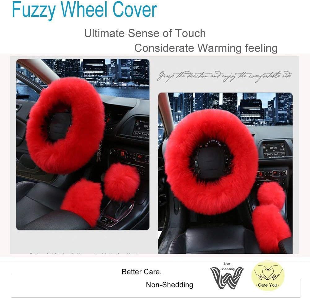 Car Steering Wheel Cover Gear Shift Handbrake Fuzzy Cover 1 Set 3 Pcs Multi-Colored with Winter Warm Pure Wool Fashion for Girl Women Ladies Universal Fit Most Car (Red)
