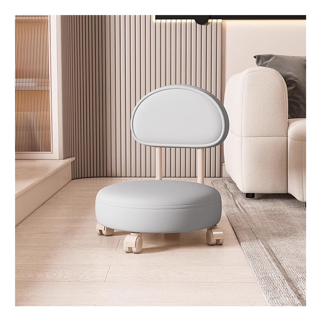 Wdsopk Grey 360° Rotating Low Stool With Backrest,Rolling Pulley Stool Low Stool With Wheels,Shoe Changing Makeup Cleaning Chair Faux Leather Ottoman Pulley Chair（Grey）