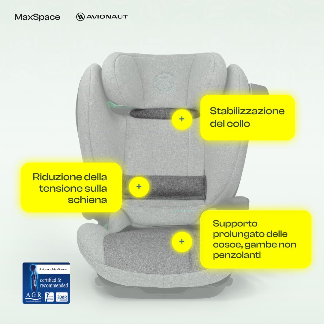 Seggiolino Auto ISOFIX Gruppo 2/3 100–150 cm Avionaut MaxSpace Smart Comfort System+ – seggiolino bambino reclinabile ergonomico con schienale regolabile, sicurezza e comfort per lunghi viaggi auto