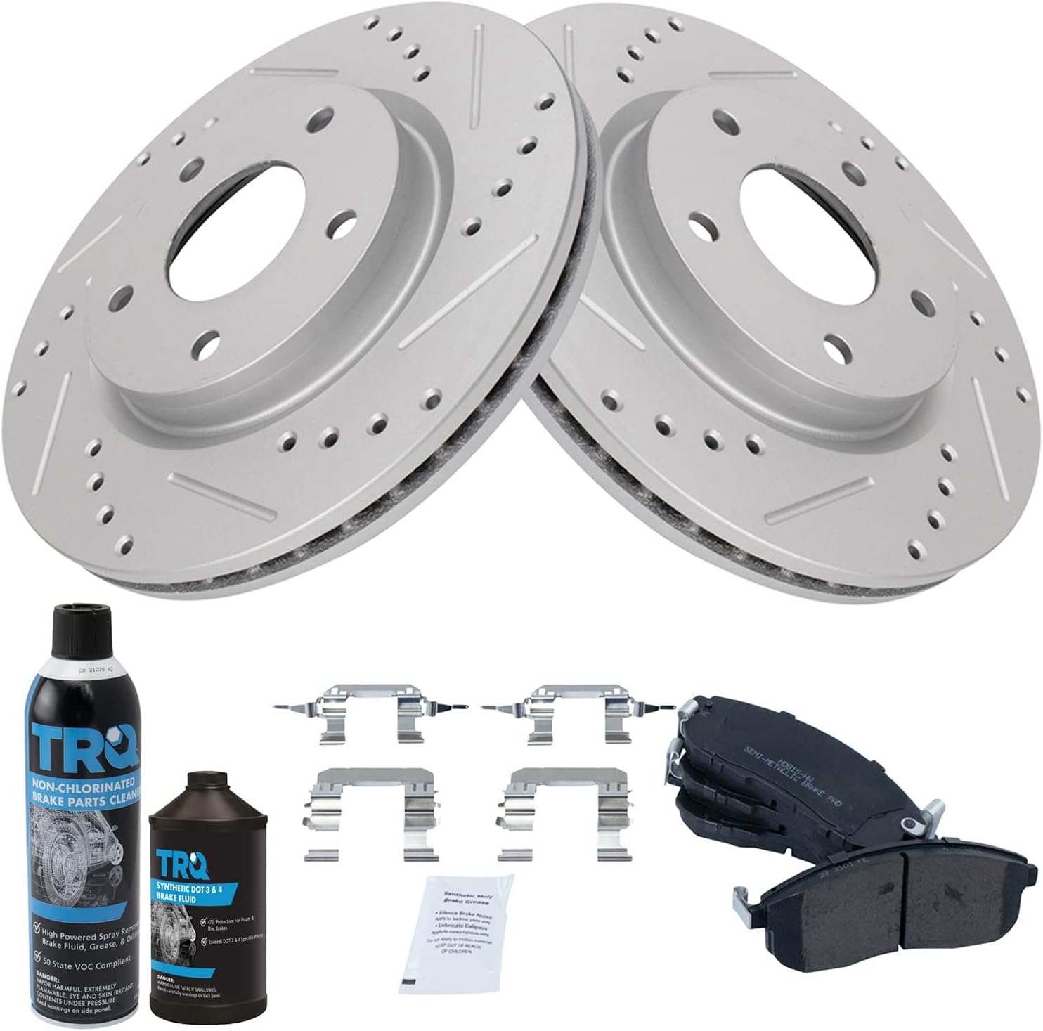 TRQ Front Performance Brake Pad & Rotor Kit Brake Chemical Kit Brake Pads Brake Rotors Set Semi-Metallic Premium G-Coated Compatible with 2013-2019 Nissan Sentra