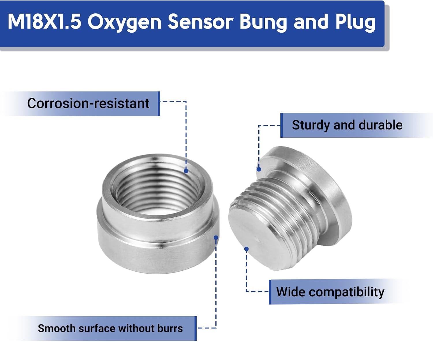Olivia & Oliver O2 Oxygen Sensor Bung and Plug Universal 304 Stainless Steel M18-1.5 Threads，pack of 2