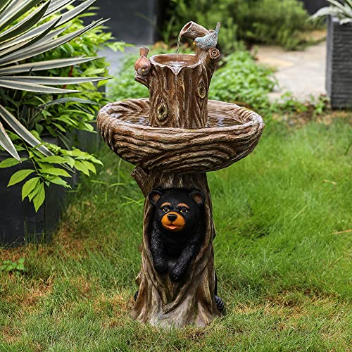 Luxenhome Brown Resin Carved Tree Waterfall Fountain, Outdoor Bird Bath Statue For Garden Back Yard Courtyard #TOP28