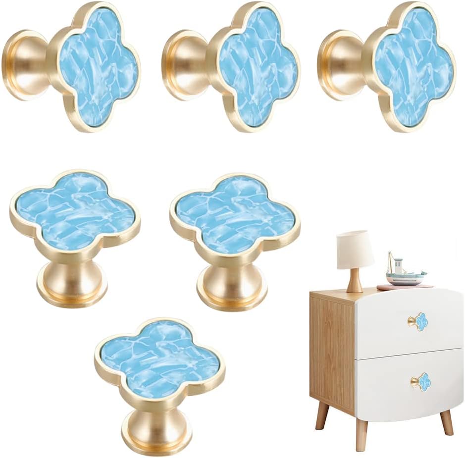 6 pcs Brass Four-Leaf Clover Knobs Handle,Gold Cabinet Knobs Cabinet Drawer Dresser Furniture Kitchen Wardrobe Bathroom Decorative Door Pulls Zinc Alloy Single Hole Handle(White)