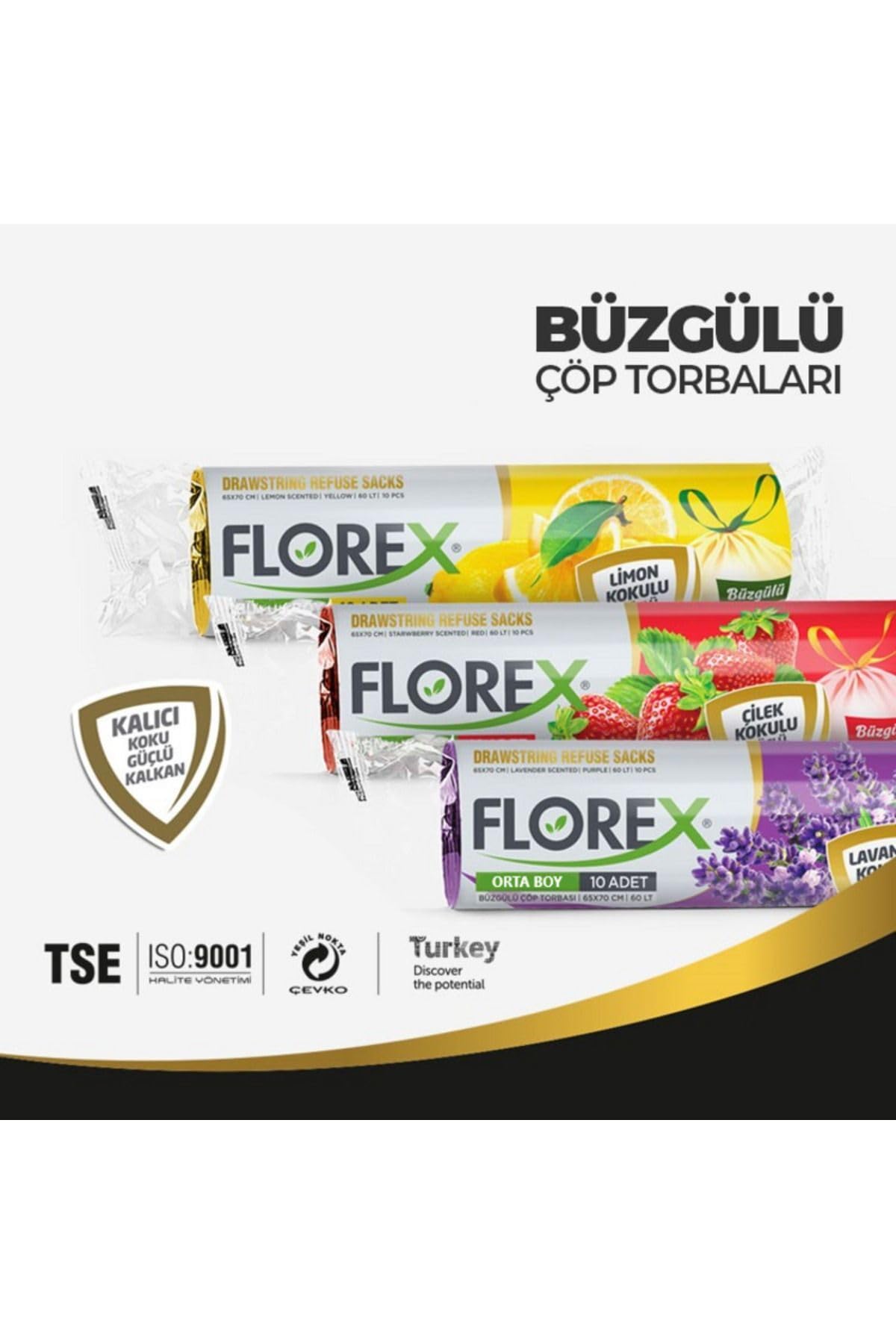 Florex Büzgülü Çöp Torbası 55x60 Cm 3'lü Eko Paket Lavanta-Çilek-Limon Kokulu