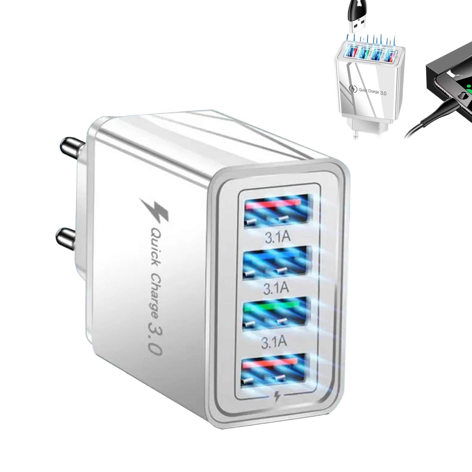 Wielu ładowarka USB, ładowarka ścienna USB, 4 porty adapter ładowarki ściennej, kompatybilny z większością smartfonów i innymi produktami cyfrowymi na rynku, biały