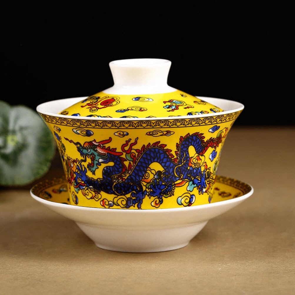 Retro Style Ceramic Chinese Tea Cup with Lid - Elegant Yellow Tureen Teacup for Home, Office, Tearoom - Perfect Gift for Tea Lovers