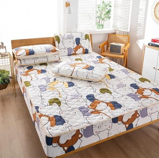 Printed Cotton Bedding Set 1 Fitted Sheet with 2 Pillow Cases Soft