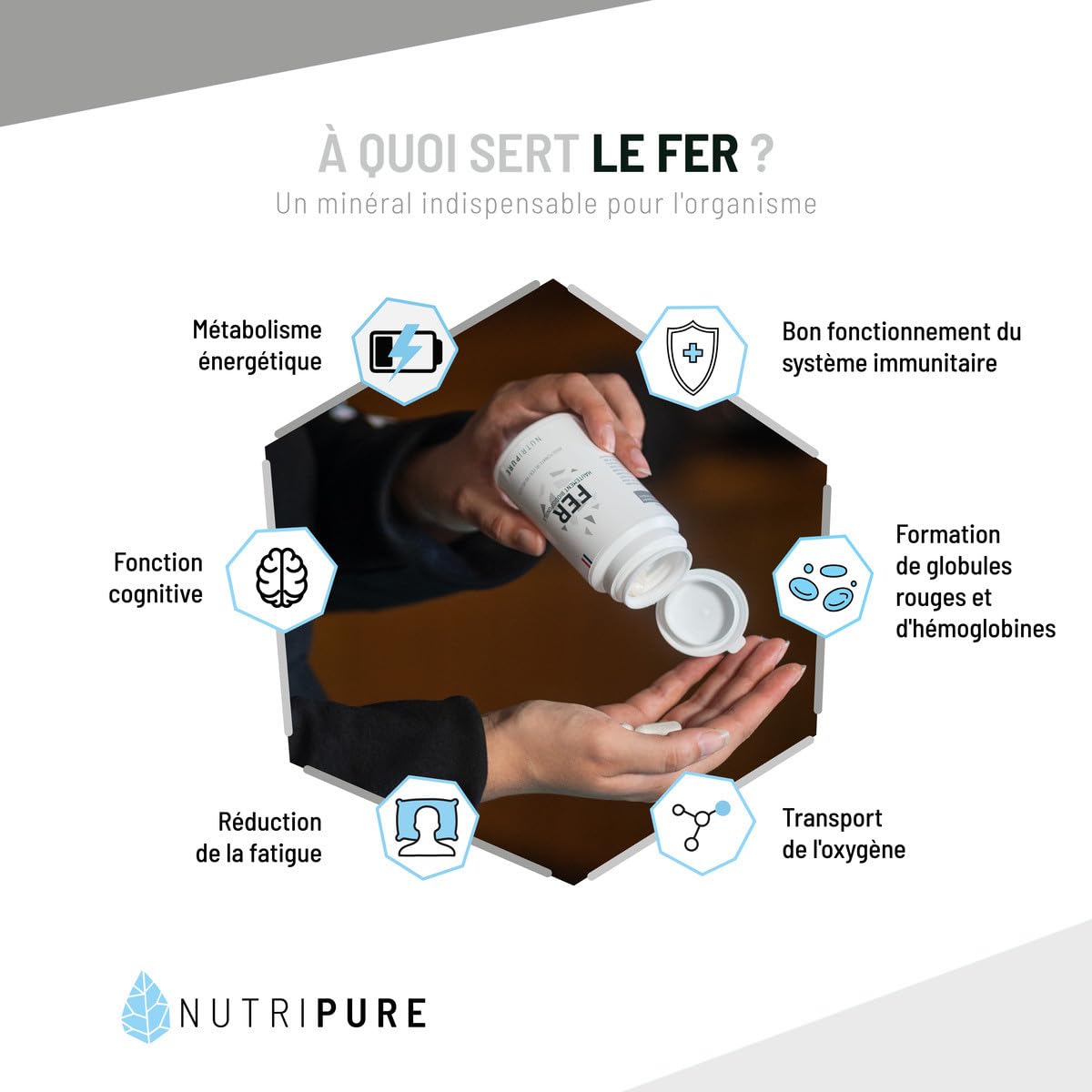 Nutripure | Fer Bisglycinate 14 mg Haute Qualité FERROCHEL® | Haute Absorption | Complément Alimentaire Anti-Fatigue & Renfort du Système Immunitaire | 120 Gélules Végétales | Vegan | Made in France