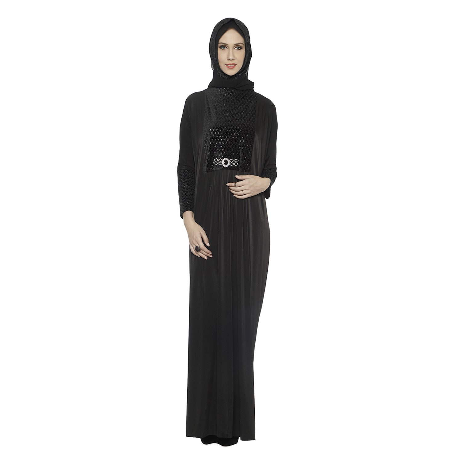 Women's Cystal Lycra Fabric Burqa Set (Ascm-015_Black_Free Size)