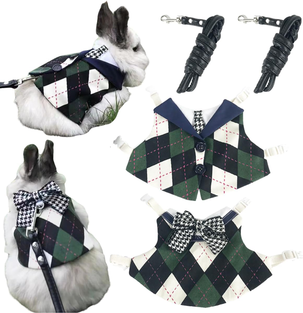 2 Sets Adjustable Rabbit Harness and Leash Set for Outdoor Training Camping Walking Escape Proof Bunny Clothes Bunny Outfits for Rabbits Ferret Guinea Pig Chinchilla Hedgehog Small Pets (Green,S)