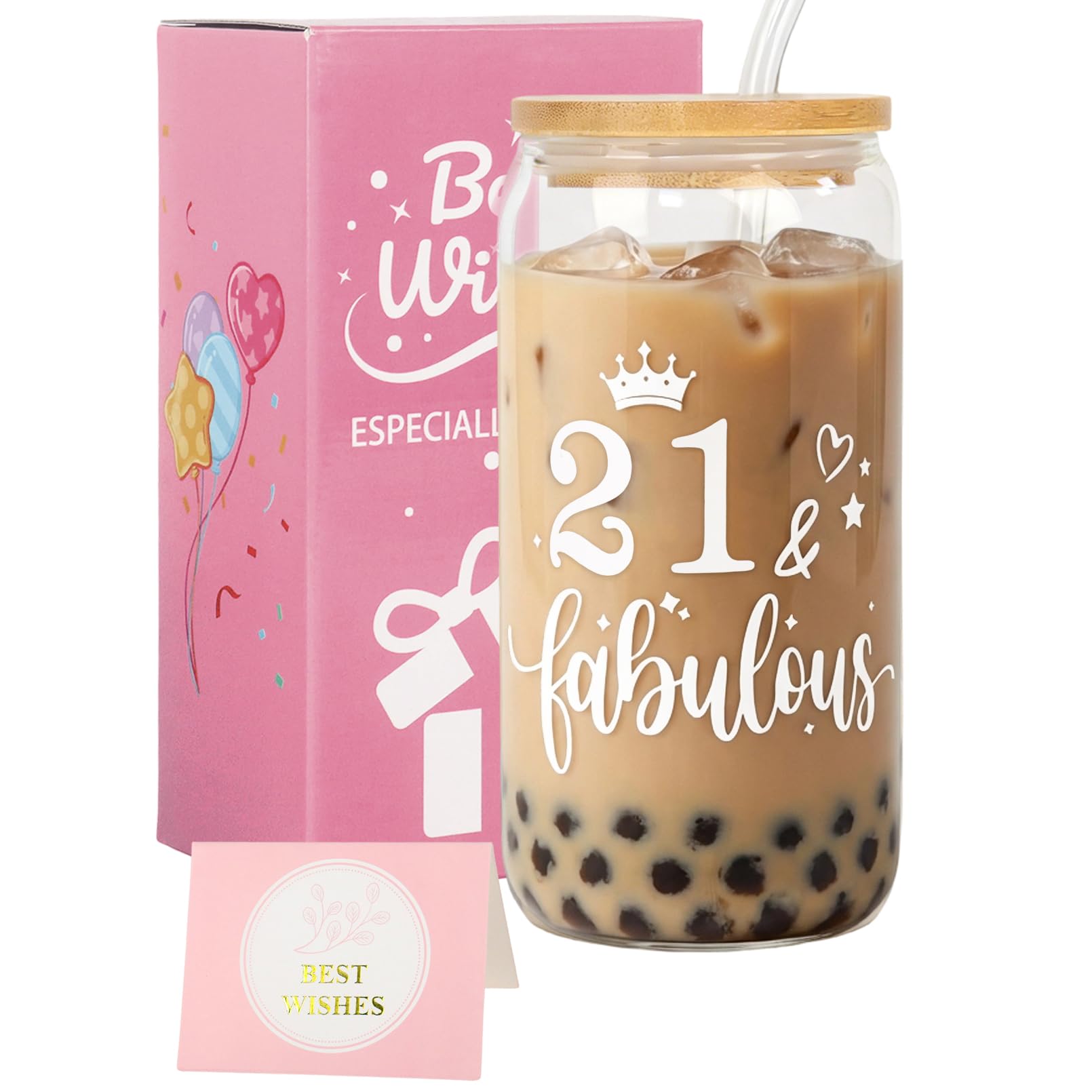 Nwvuop 21st Birthday Gifts16oz 21st Birthday Glass Cup with Lid & Straw, Iced Coffee & Smoothie Travel Mug for Best Friend, Sister, Girlfriend