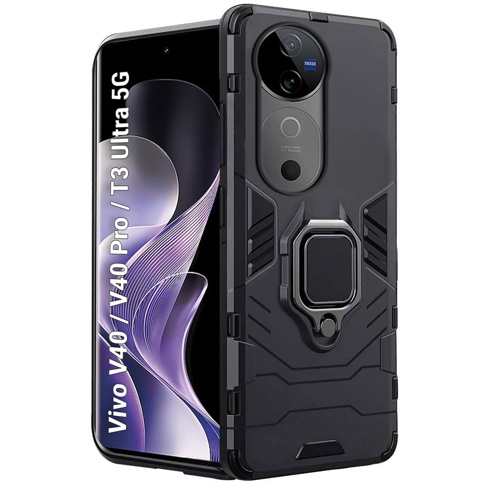 TheGiftKart Tough Armor Bumper Back Case Cover for Vivo V40 / V40 Pro / T3 Ultra 5G | Ring Holder & Kickstand in-Built | 360 Degree Protection Back Cover Case (PC & TPU, Black)