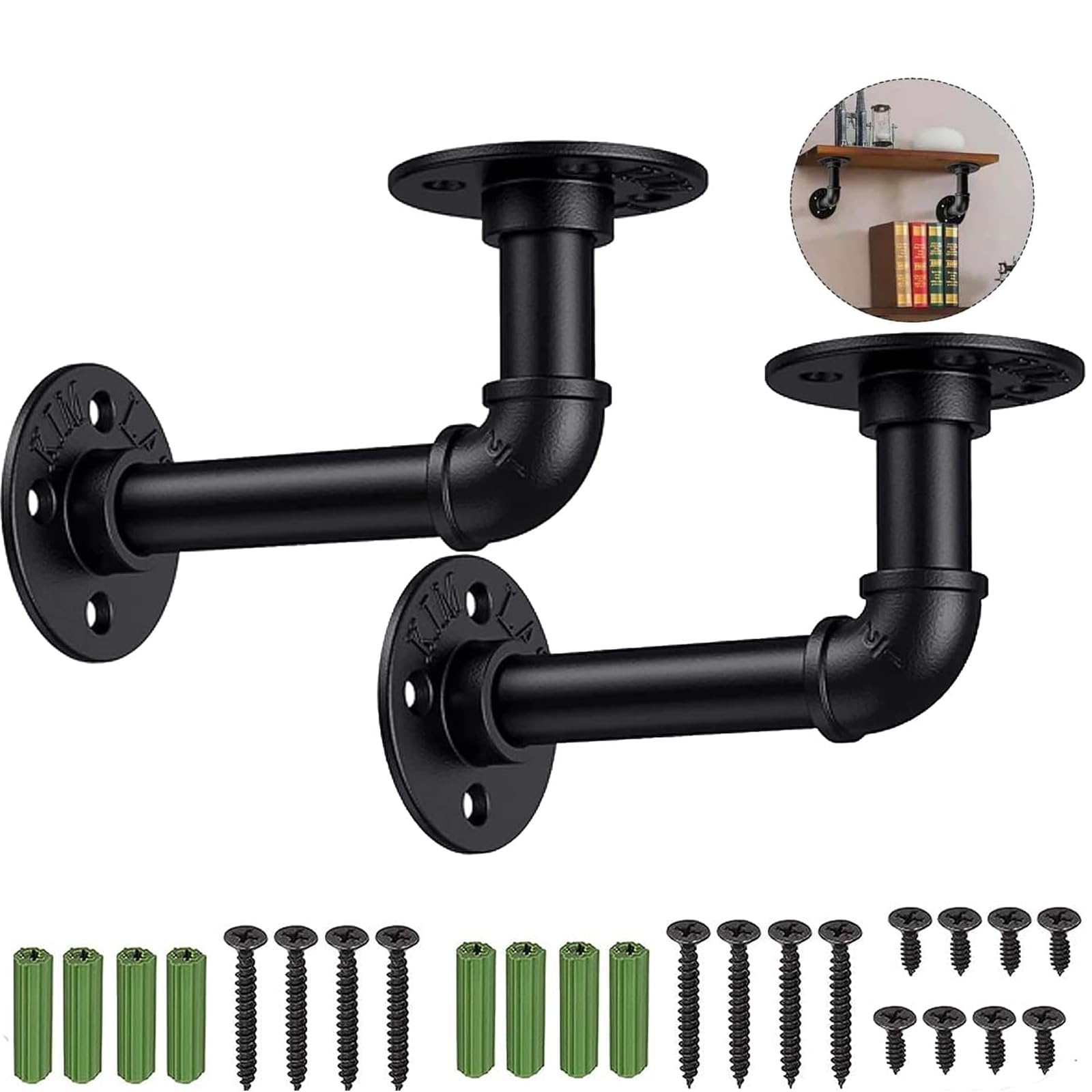 HOMGEN 2Pack Pipe Shelf Brackets Industrial Pipe Floating Shelf Brackets Withstand 20KG Heavy Duty Shelf Brackets with Screw Accessories Iron Wall Brackets for Bookshelf Scaffolding Board (15 X 8 cm)