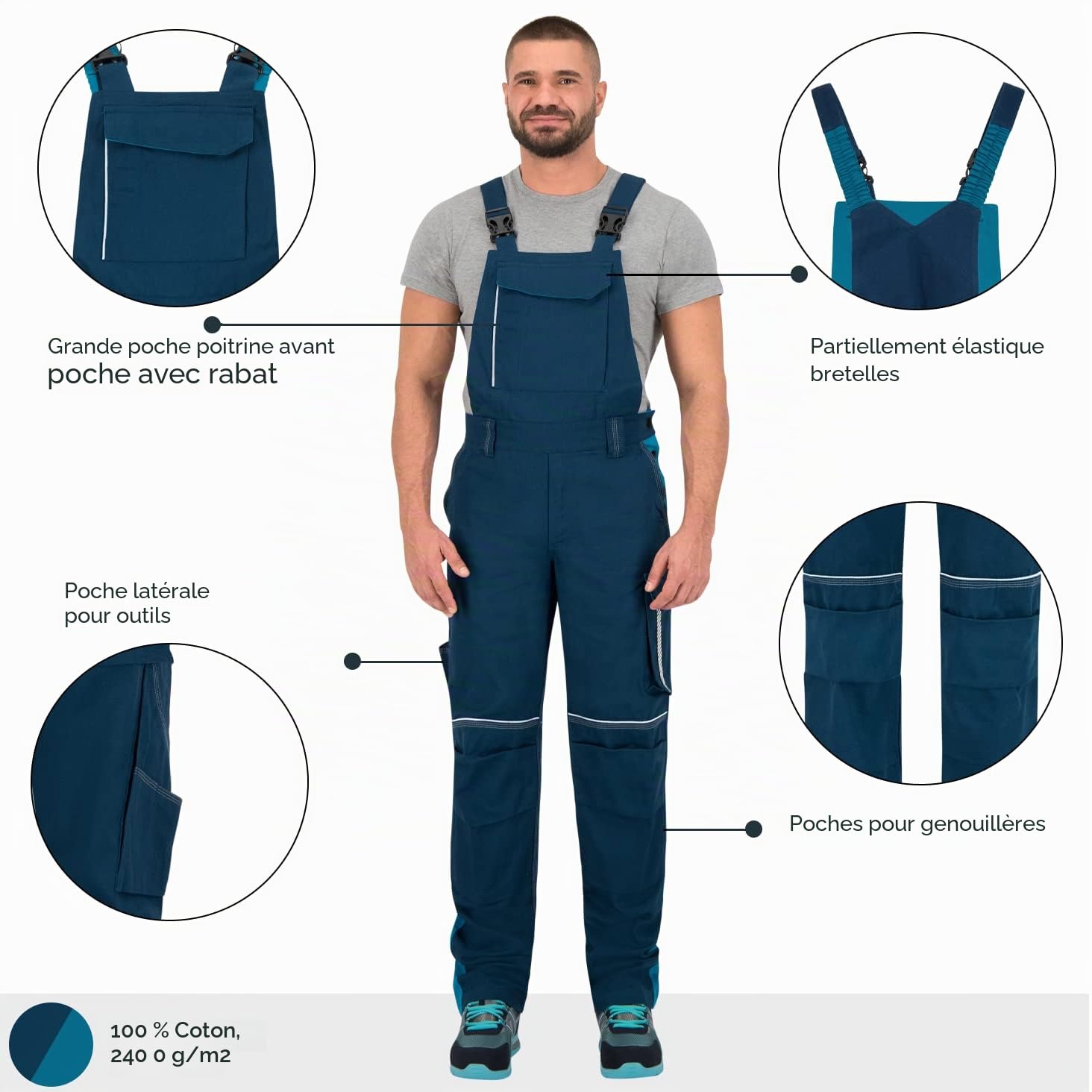 BWOLF Raptor 100% Coton Salopette de Travail Homme Bleu de Travail Homme Salopette de Travail Homme avec Poches Multifonctionnelles, Bandes Réfléchissantes