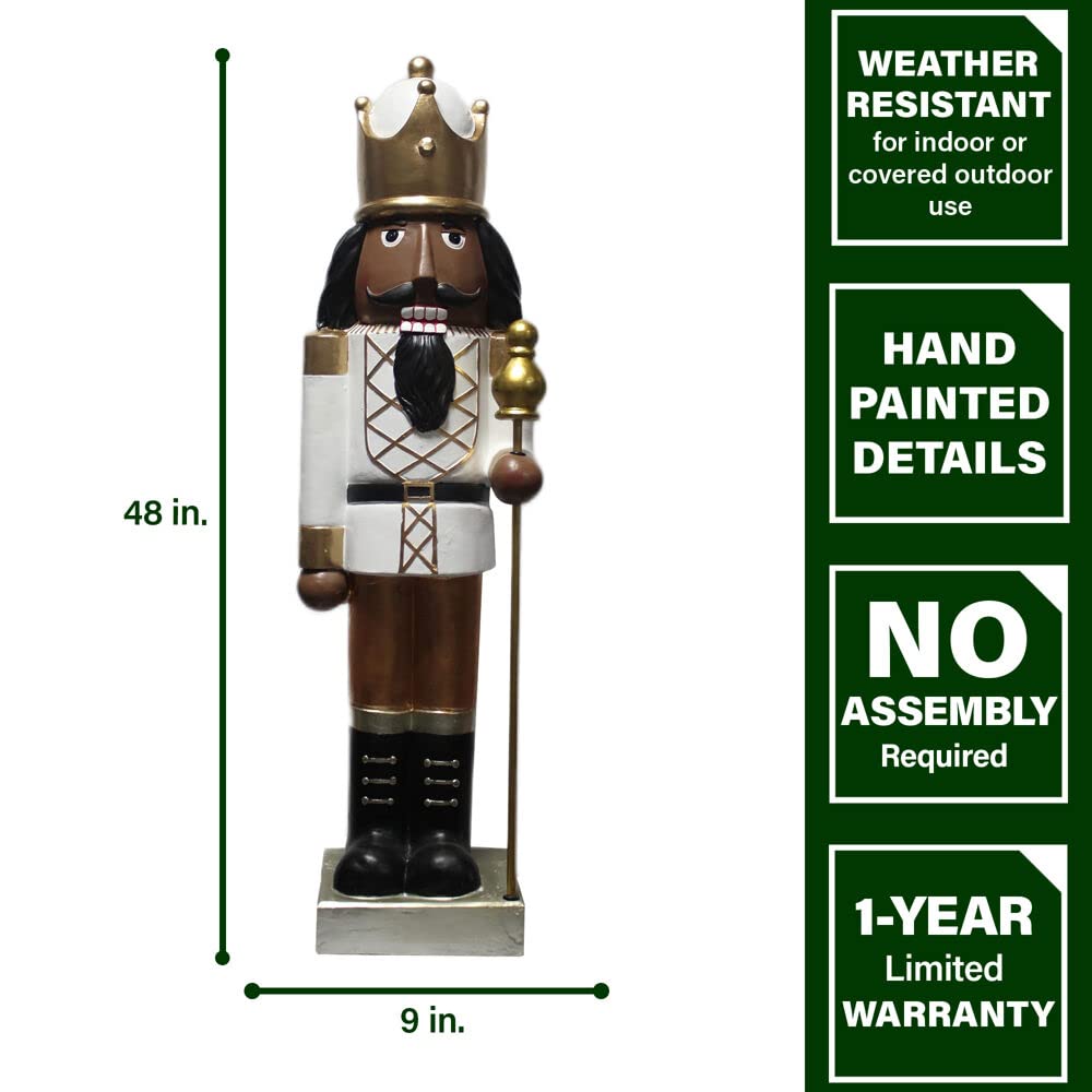 Fraser Hill Farm 48-in. African American Nutcracker Holding Staff Figurine | Festive Indoor Holiday Decor | Christmas Decorations | White/Gold | FFMG048-0NC-GLDAA