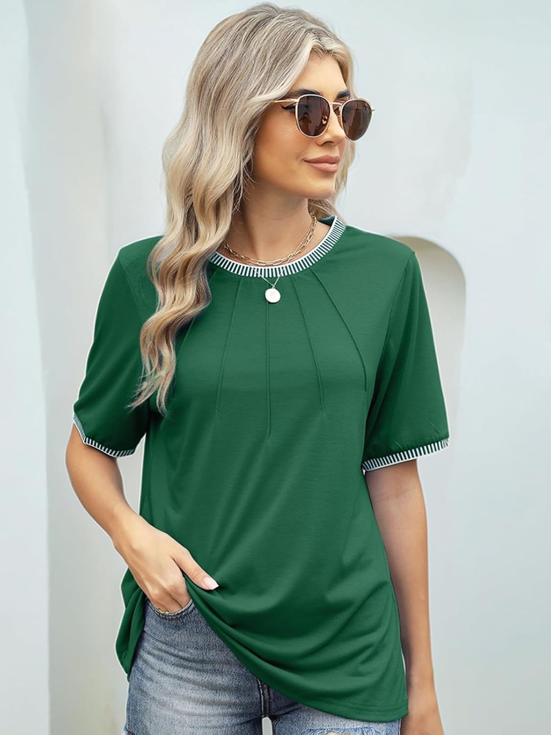 Womens Dressy Top Summer Short Sleeve Shirts Crew Neck Casual Business Pleated Blouses Striped Color Block Tops - Image 4